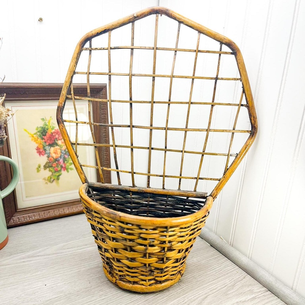 Peacock Wicker Wall Basket with Bamboo Trim